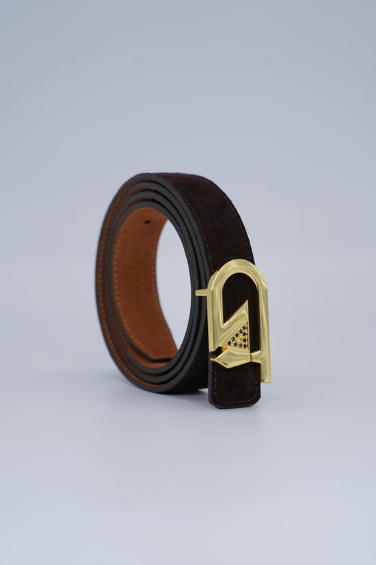 Cintura GT reversibile 2,5cm in pelle scamosciata di vitello primo fiore bruciato/testa di moro con fibbia oro lucido