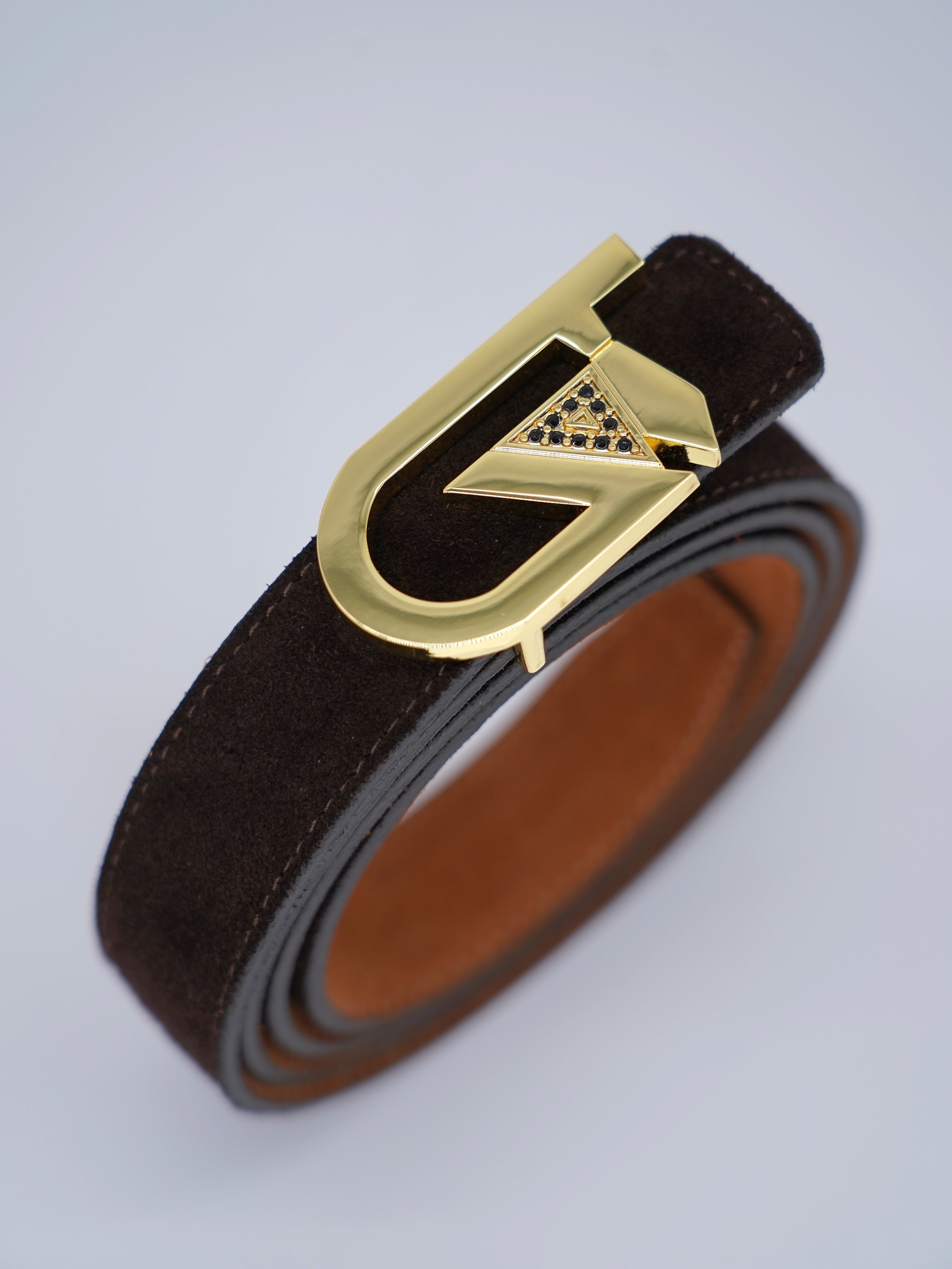 Cintura GT reversibile 2,5cm in pelle scamosciata di vitello primo fiore bruciato/testa di moro con fibbia oro lucido