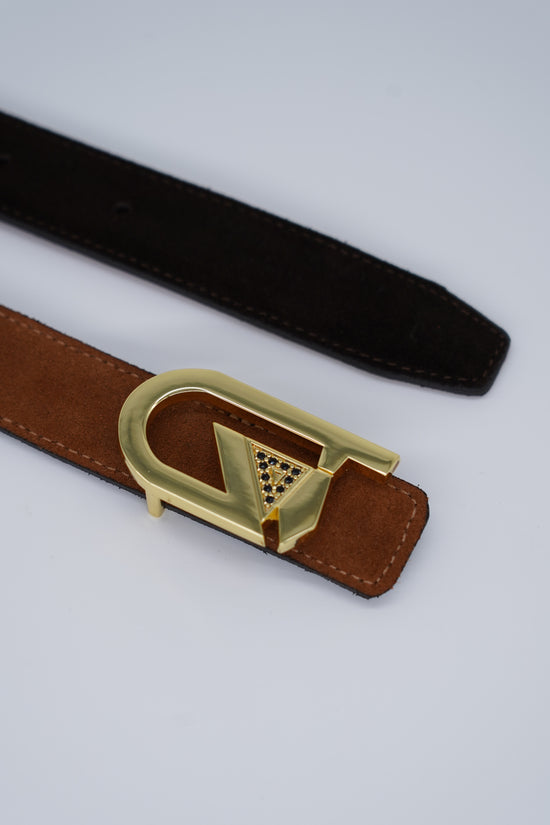 Cintura GT reversibile 2,5cm in pelle scamosciata di vitello primo fiore bruciato/testa di moro con fibbia oro lucido