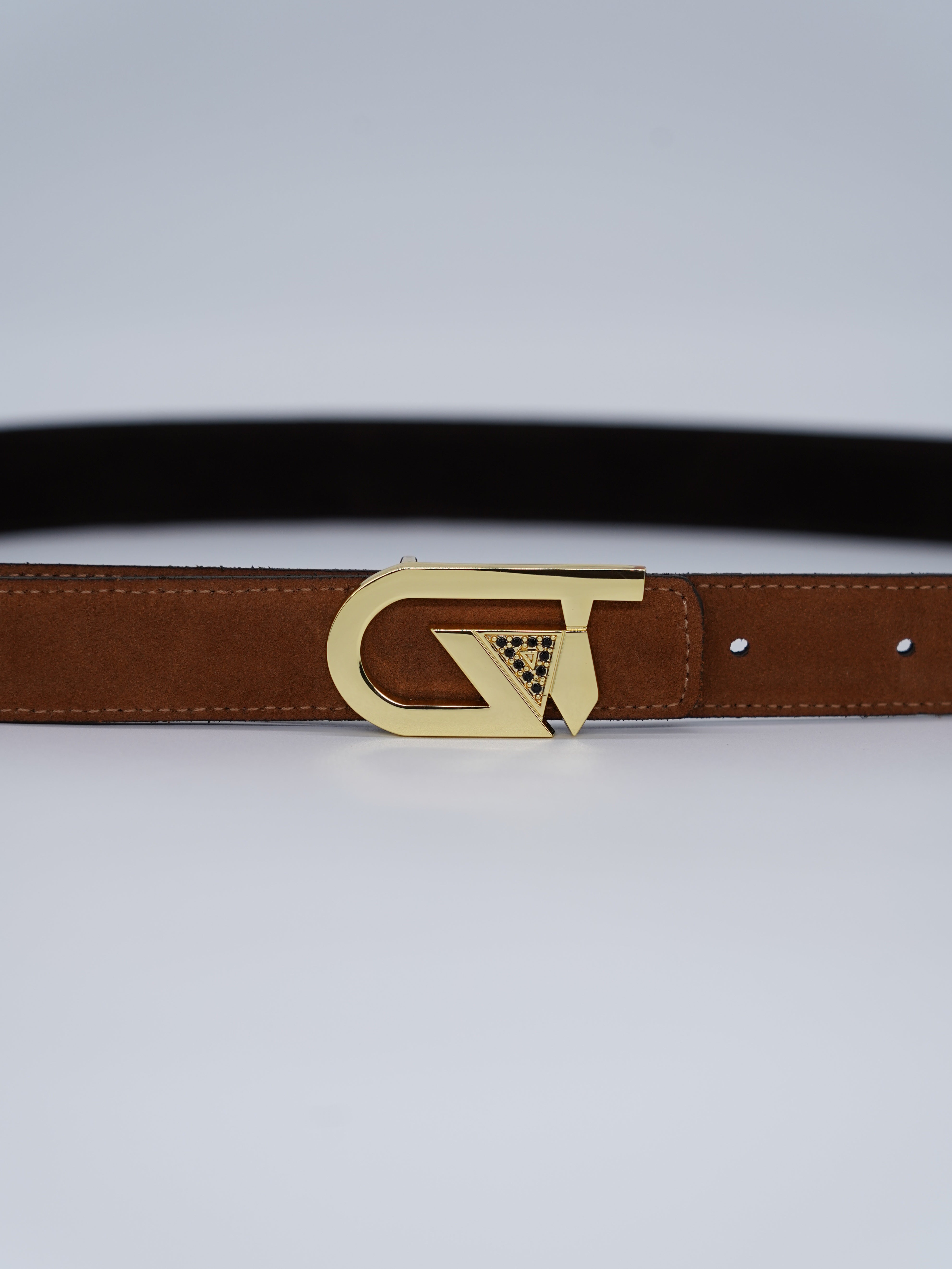 Cintura GT reversibile 2,5cm in pelle scamosciata di vitello primo fiore bruciato/testa di moro con fibbia oro lucido