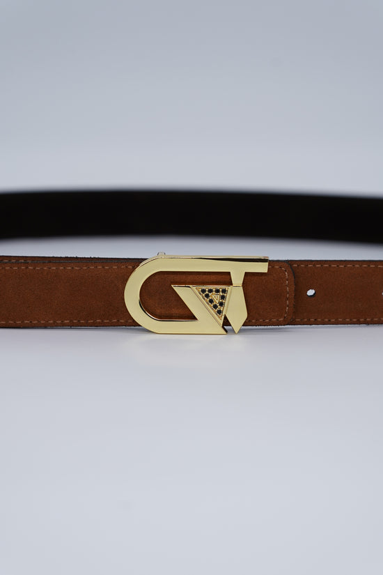 Cintura GT reversibile 2,5cm in pelle scamosciata di vitello primo fiore bruciato/testa di moro con fibbia oro lucido