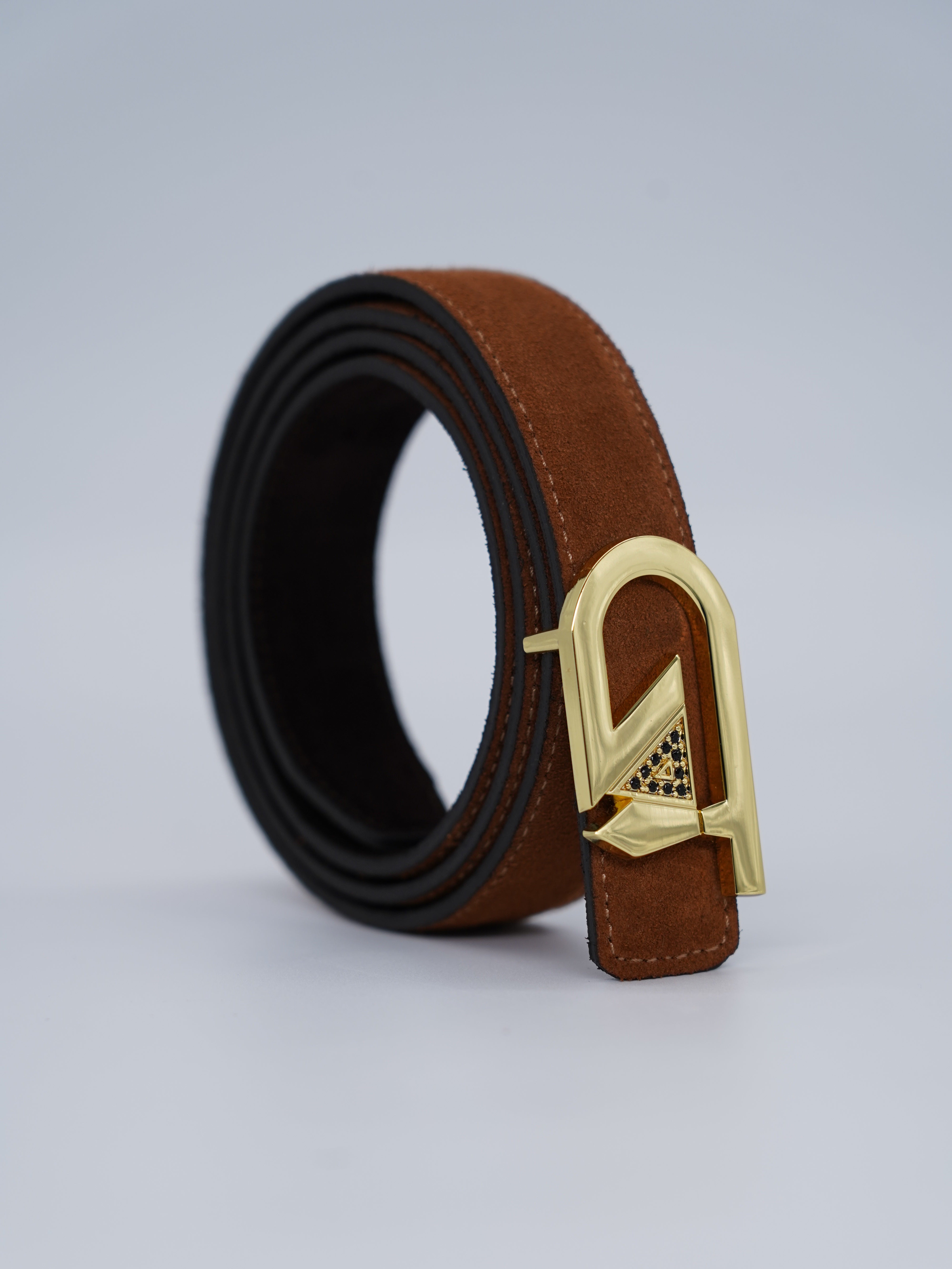 Cintura GT reversibile 2,5cm in pelle scamosciata di vitello primo fiore bruciato/testa di moro con fibbia oro lucido
