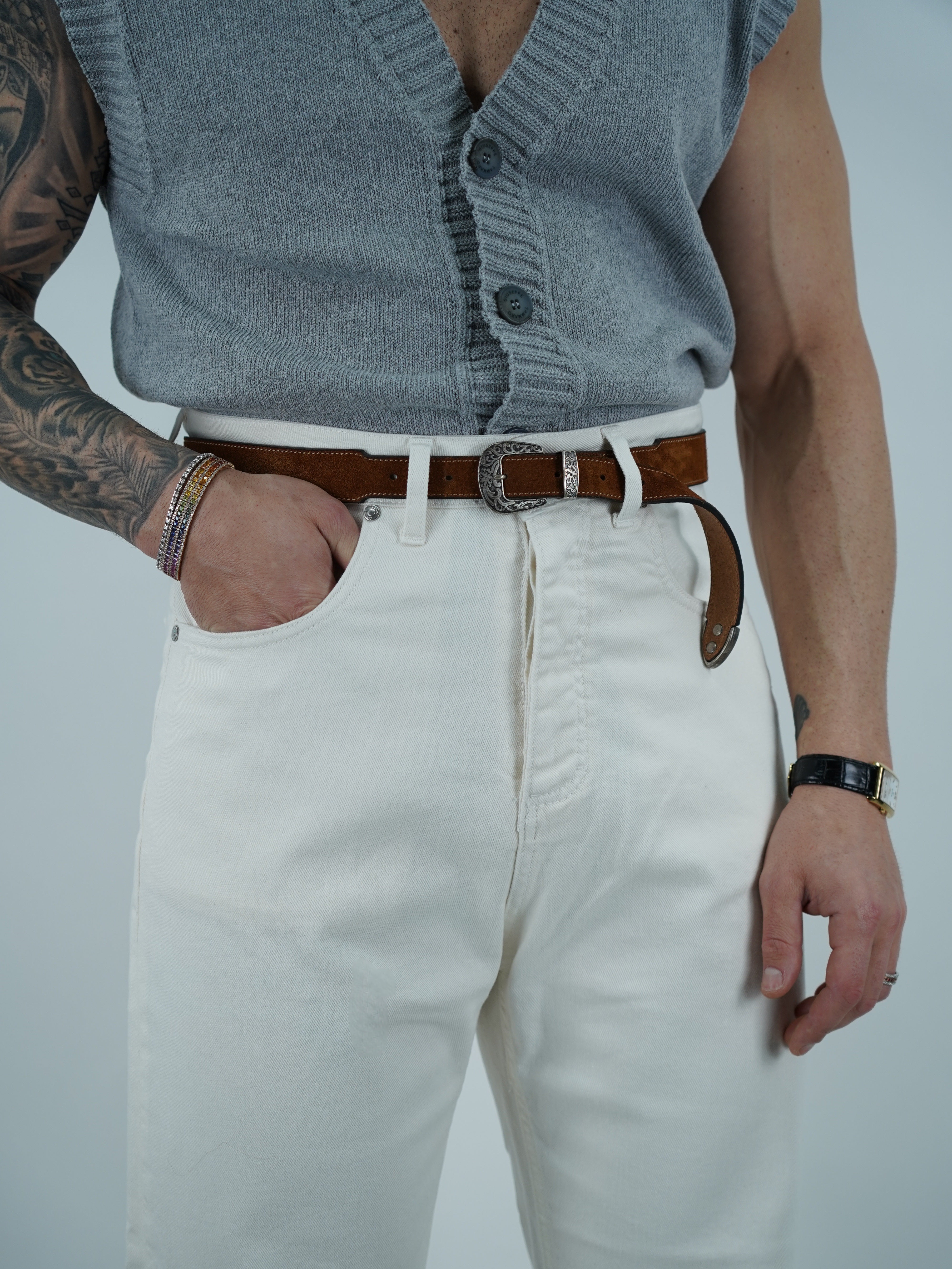Jeans 80s a vita alta con passanti lavaggio panna fondo ampio