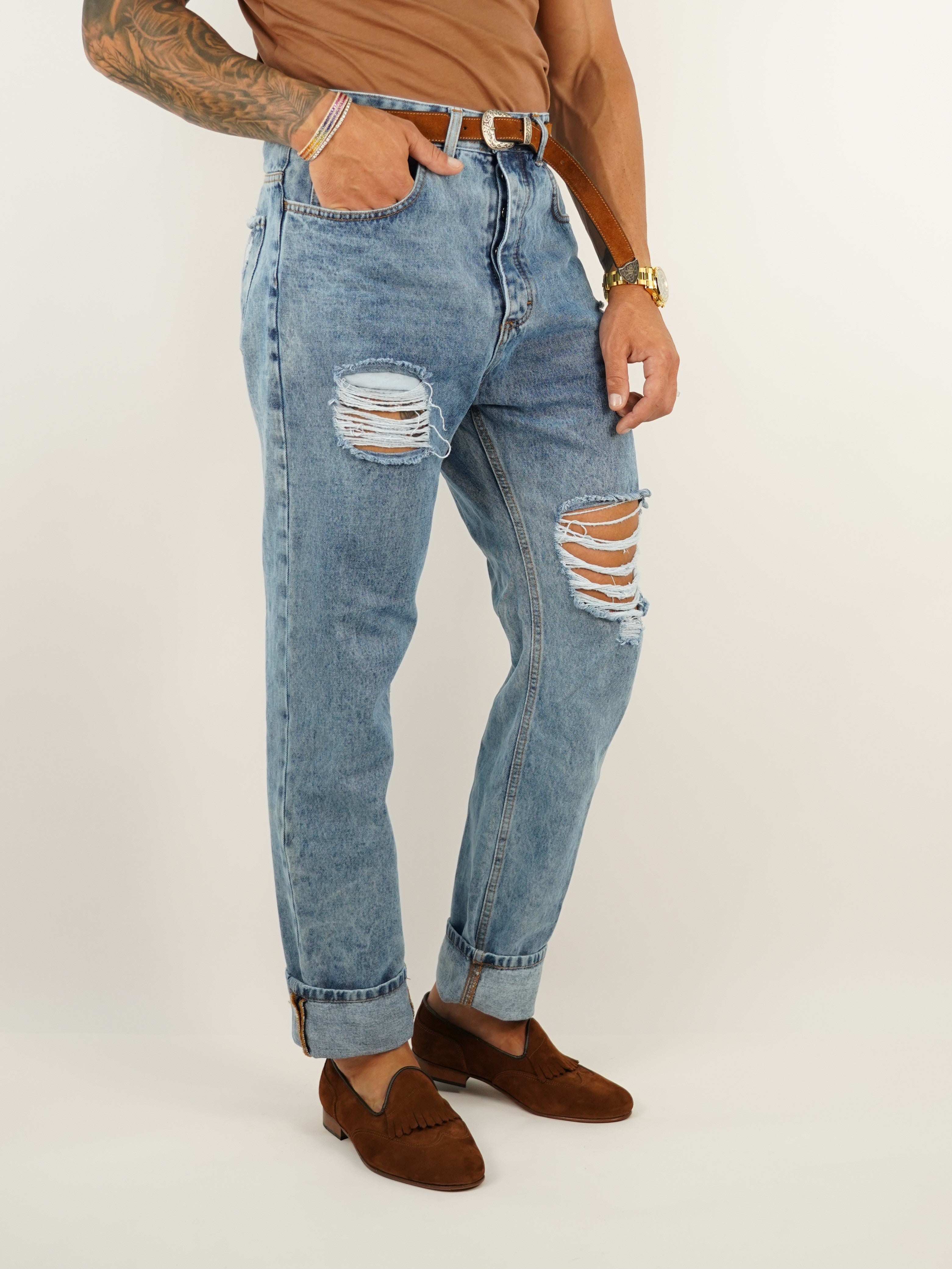 Jeans 80s a vita alta con passanti lavaggio chiaro fondo ampio