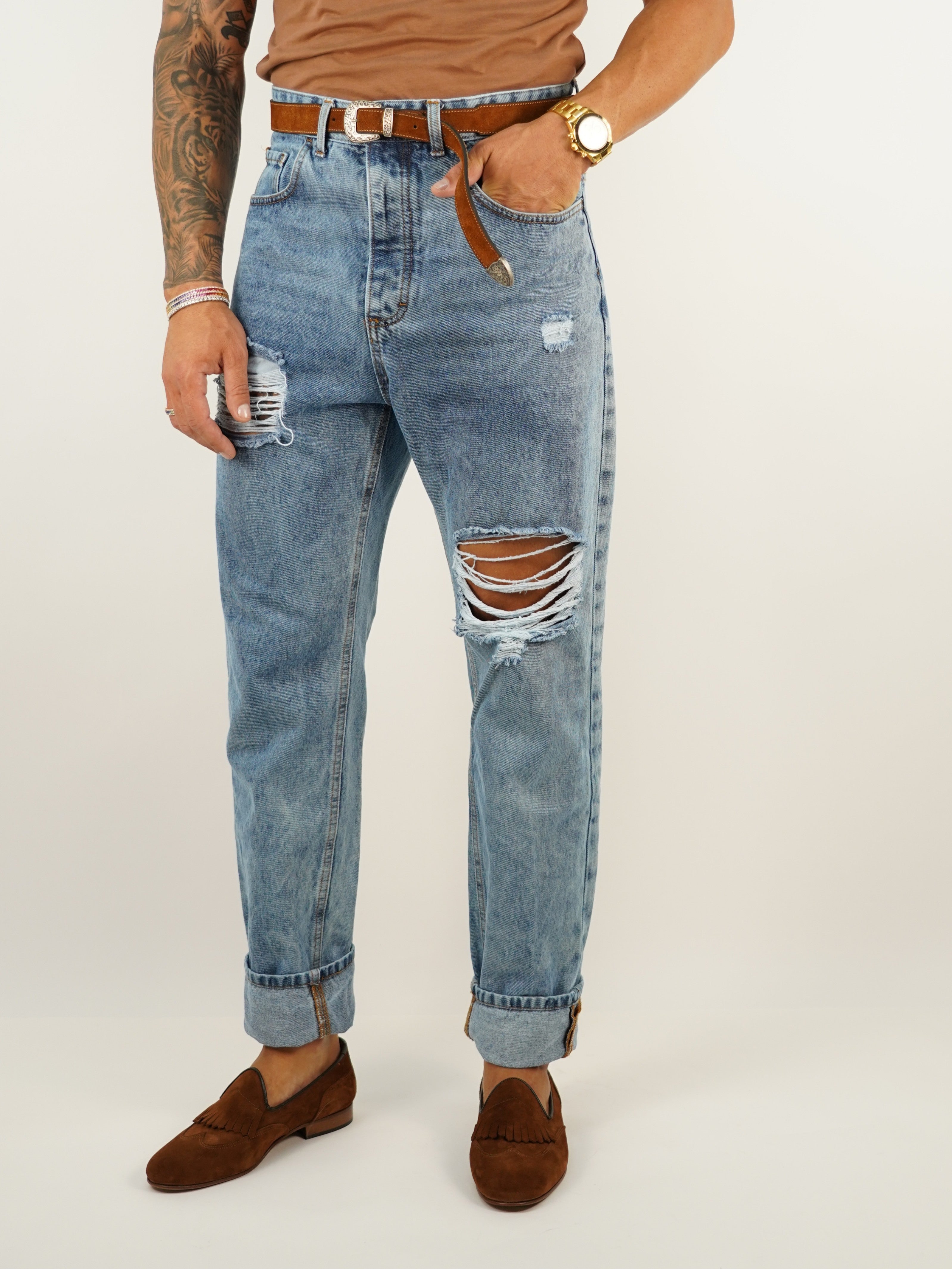 Jeans 80s a vita alta con passanti lavaggio chiaro fondo ampio