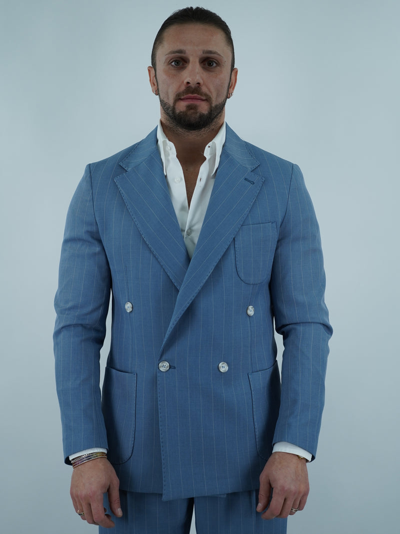 Giacca Doppio Petto Napoli - Linea Harmonious | Azzurro Gessato