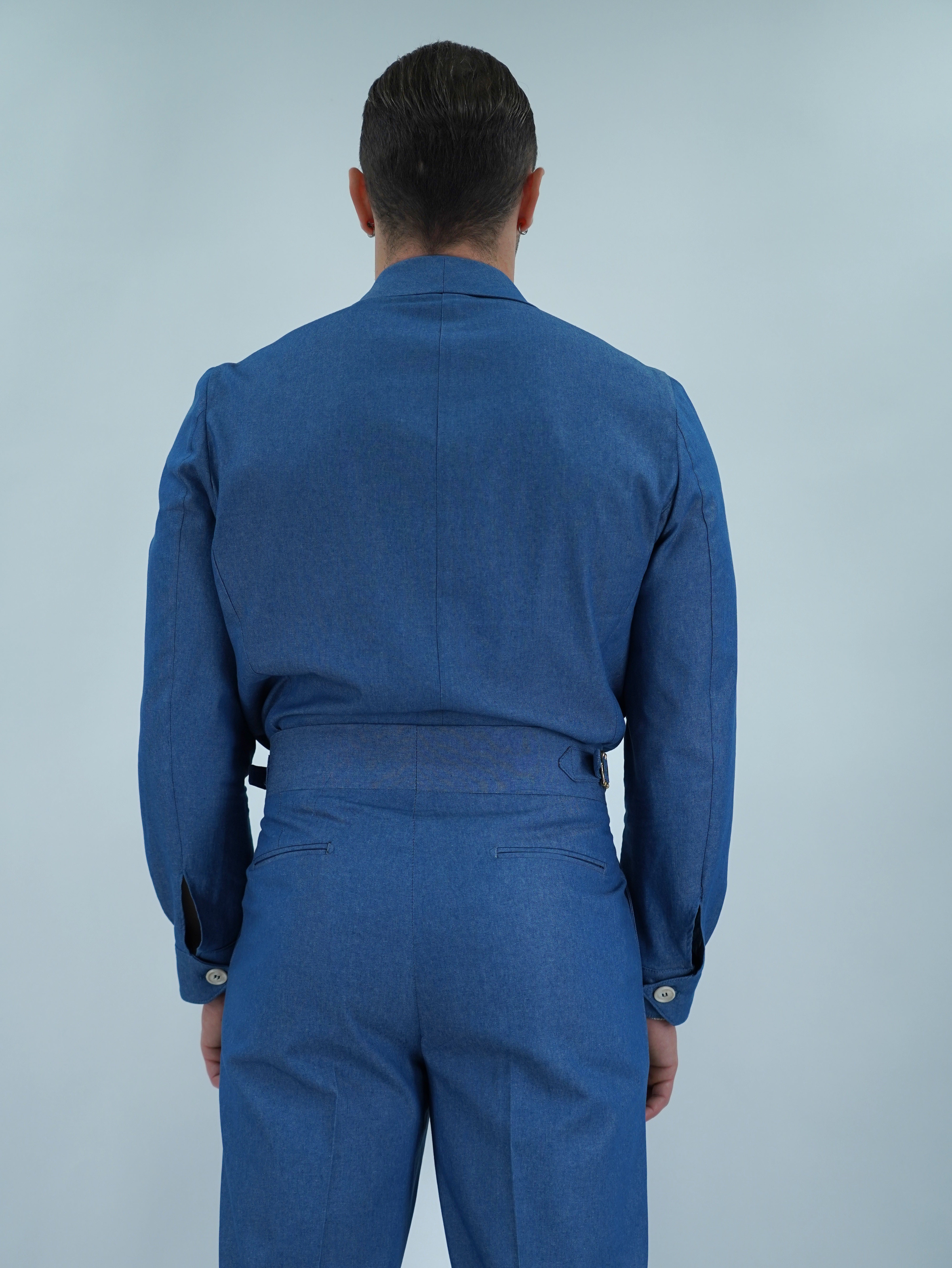 Giacca camicia doppiopetto collo a scialle effetto jeans lavaggio chiaro