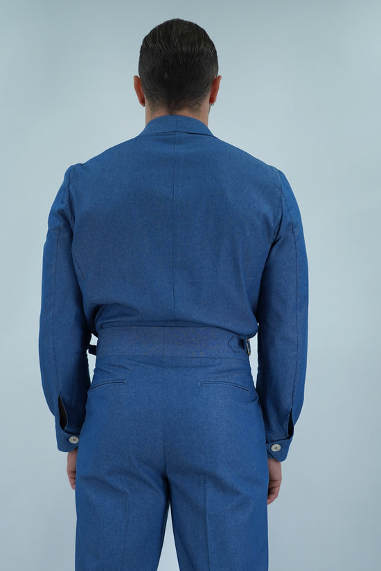 Giacca camicia doppiopetto collo a scialle effetto jeans lavaggio chiaro