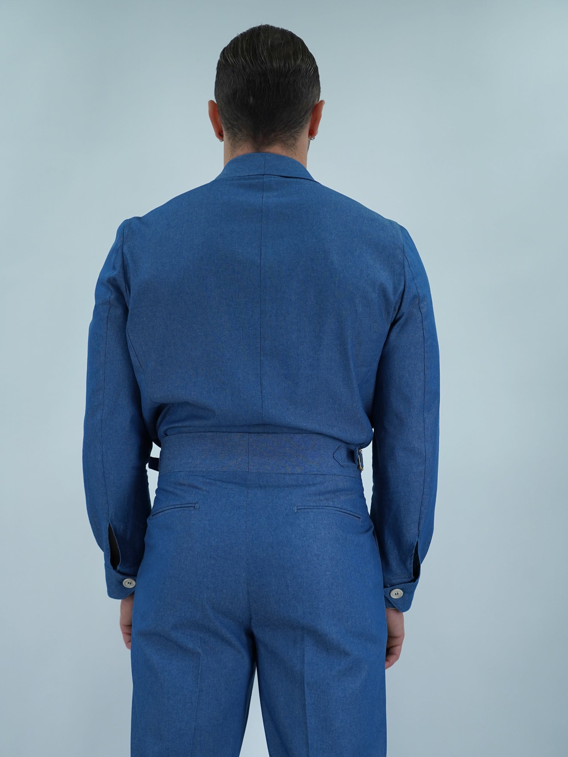 Giacca camicia doppiopetto collo a scialle effetto jeans lavaggio chiaro