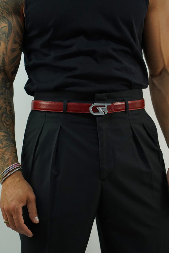 Cintura GT reversibile 2,5cm in pelle di vitello primo fiore tamponato a mano cuoio/rosso Inglese con fibbia argento