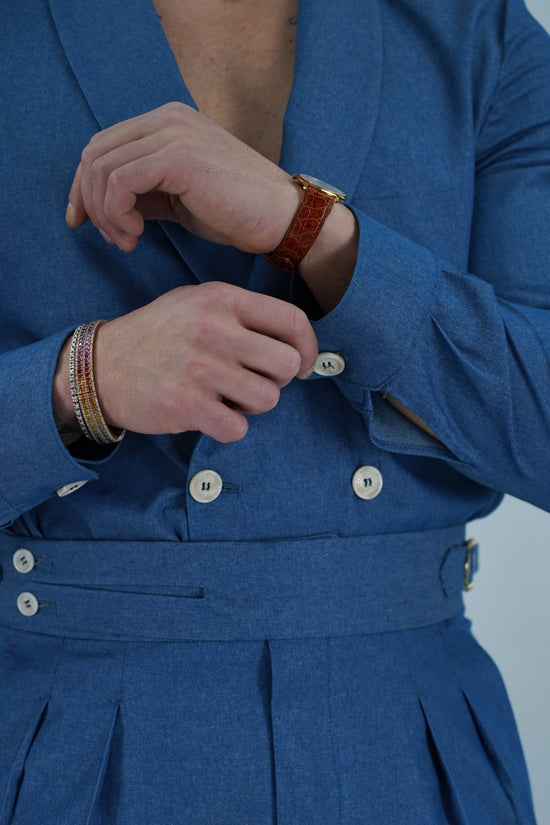 Giacca camicia doppiopetto collo a scialle effetto jeans lavaggio chiaro