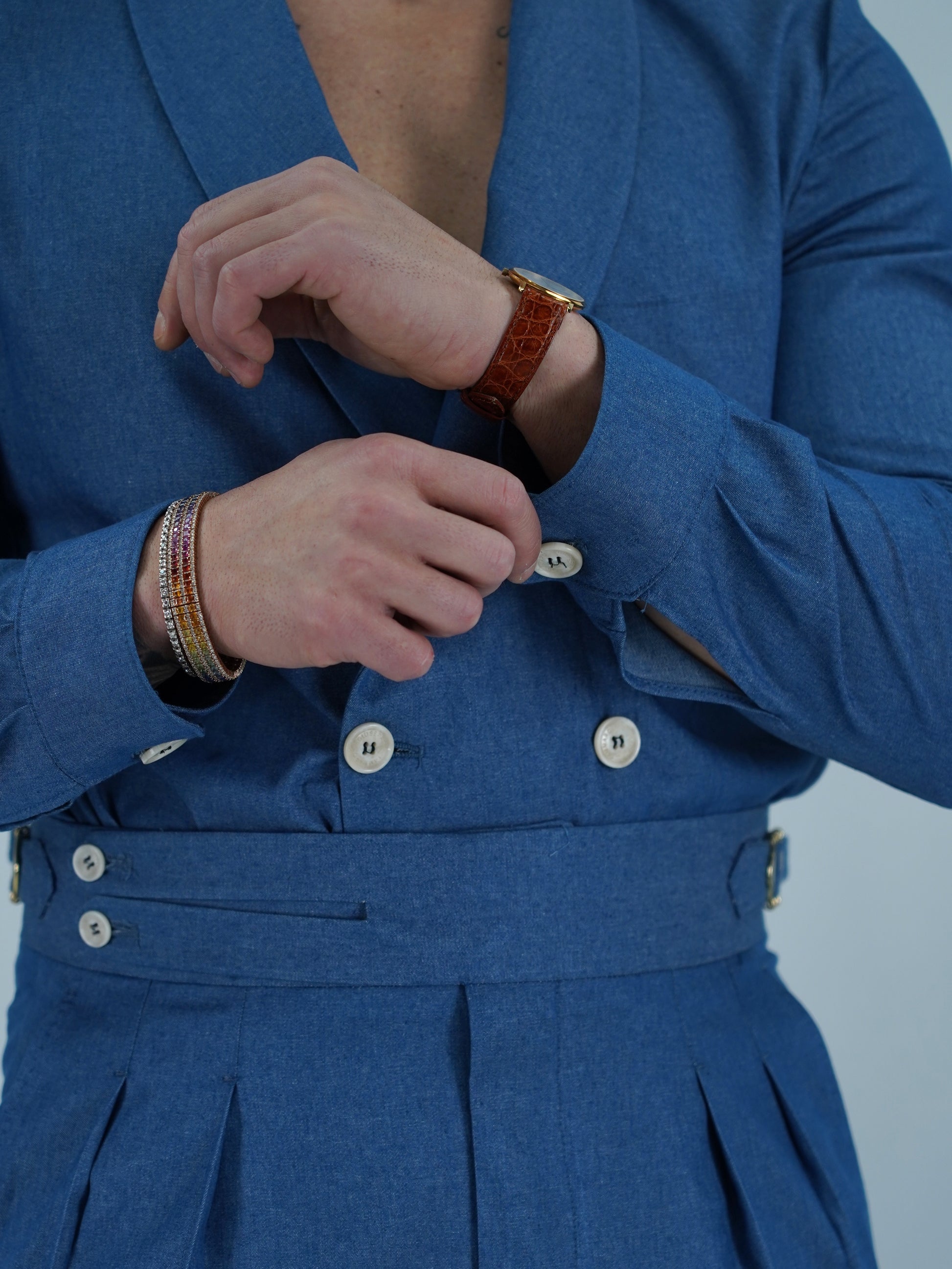 Giacca camicia doppiopetto collo a scialle effetto jeans lavaggio chiaro
