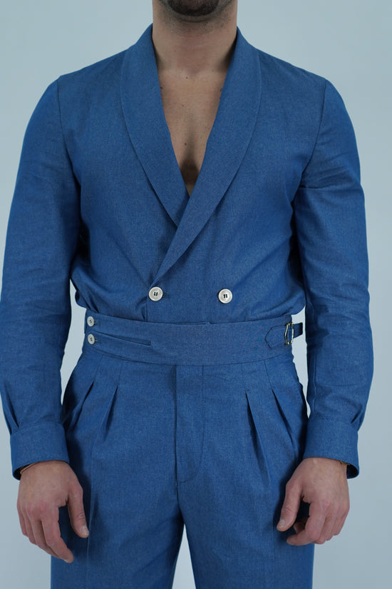 Giacca camicia doppiopetto collo a scialle effetto jeans lavaggio chiaro