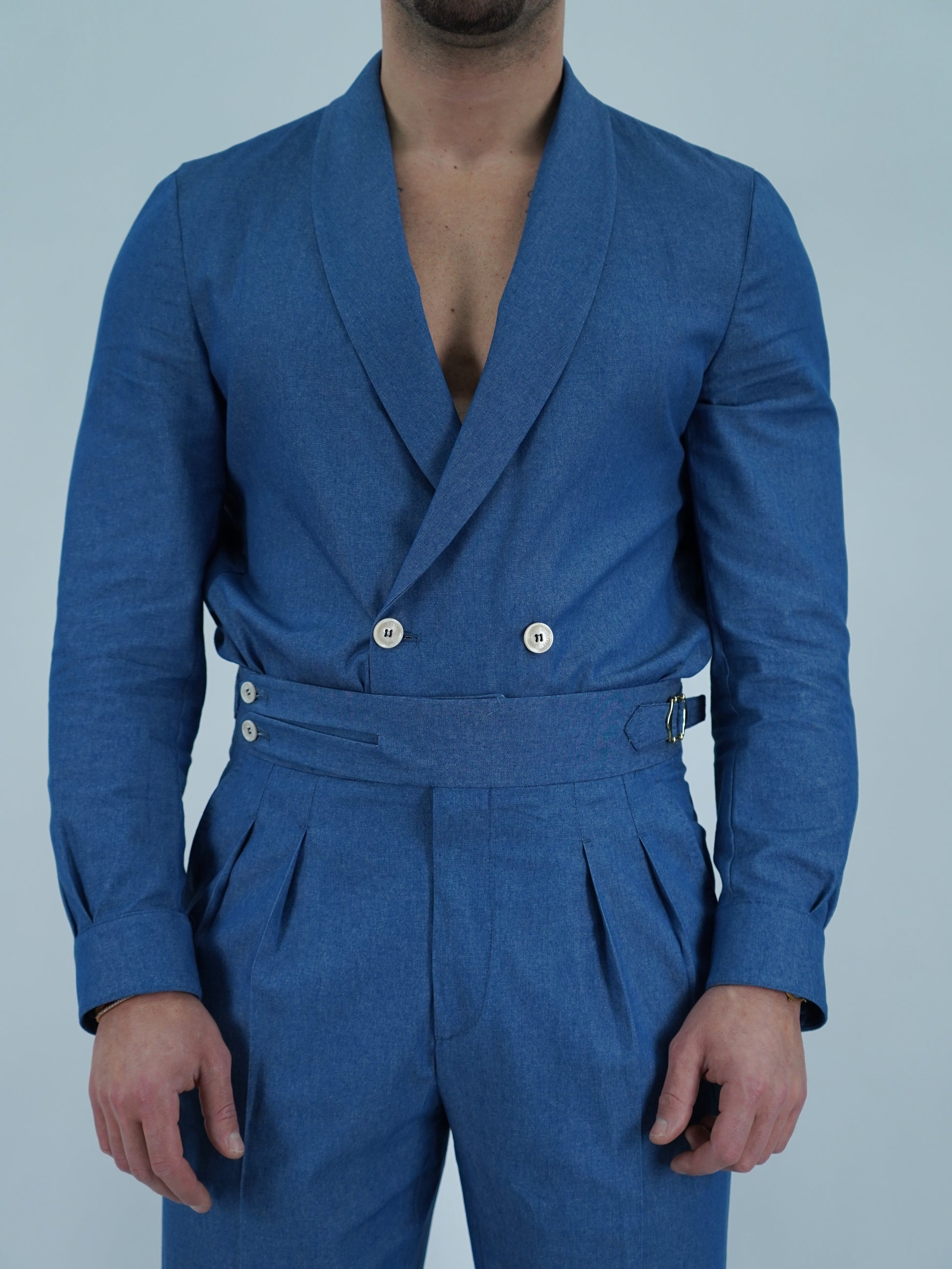 Giacca camicia doppiopetto collo a scialle effetto jeans lavaggio chiaro