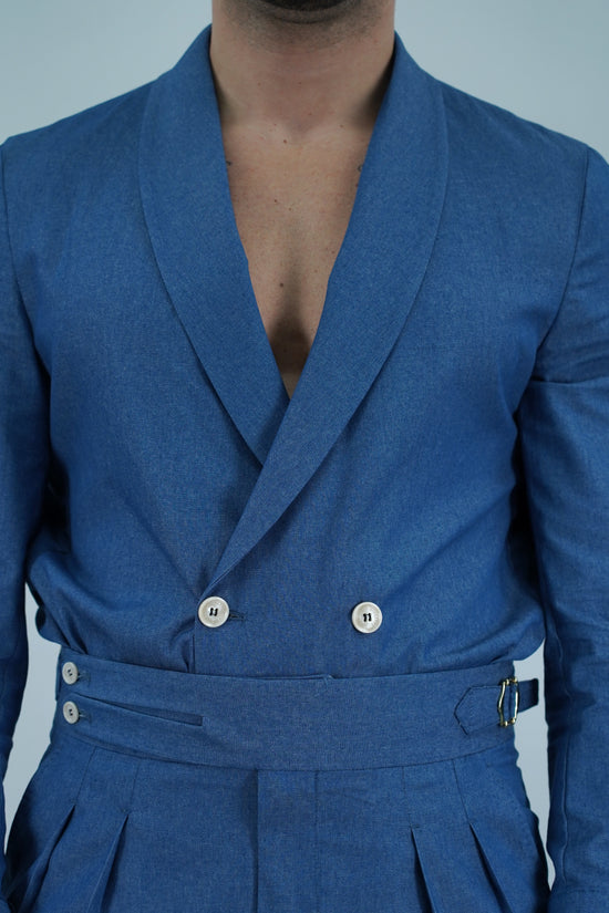 Giacca camicia doppiopetto collo a scialle effetto jeans lavaggio chiaro