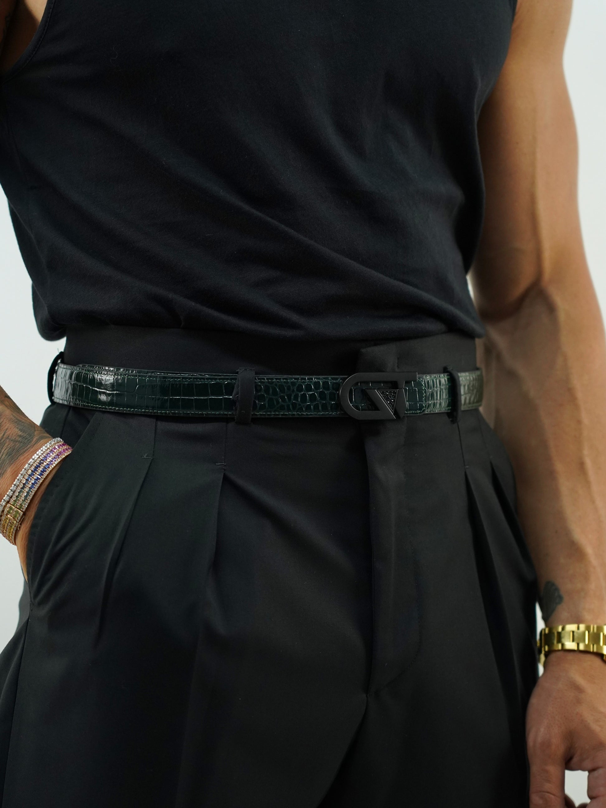 Cintura GT reversibile 2,5cm in pelle di vitello primo fiore stampa cocco verde/nero con fibbia nera opaca