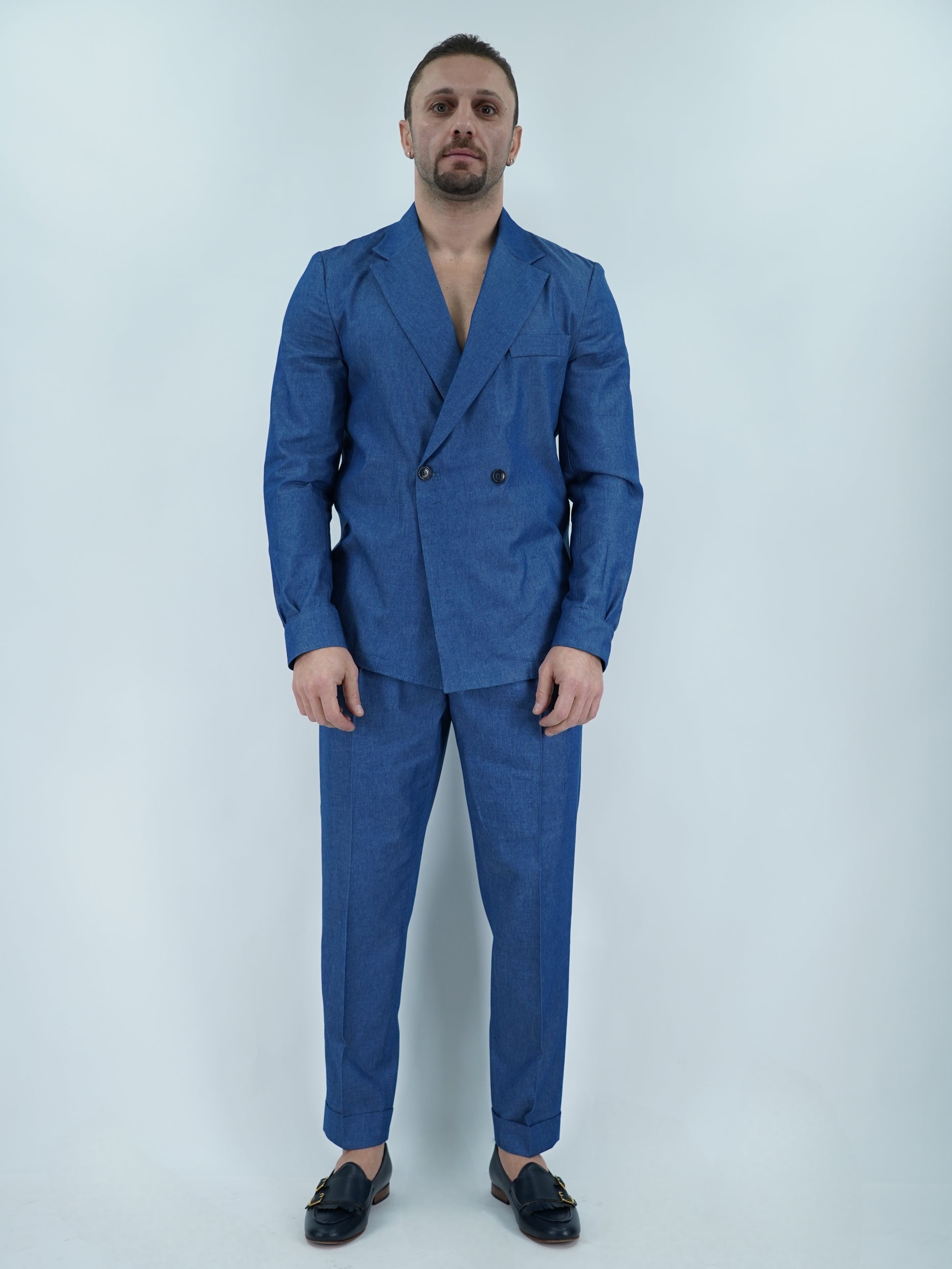 Giacca camicia doppiopetto petto napoli effetto jeans lavaggio scuro