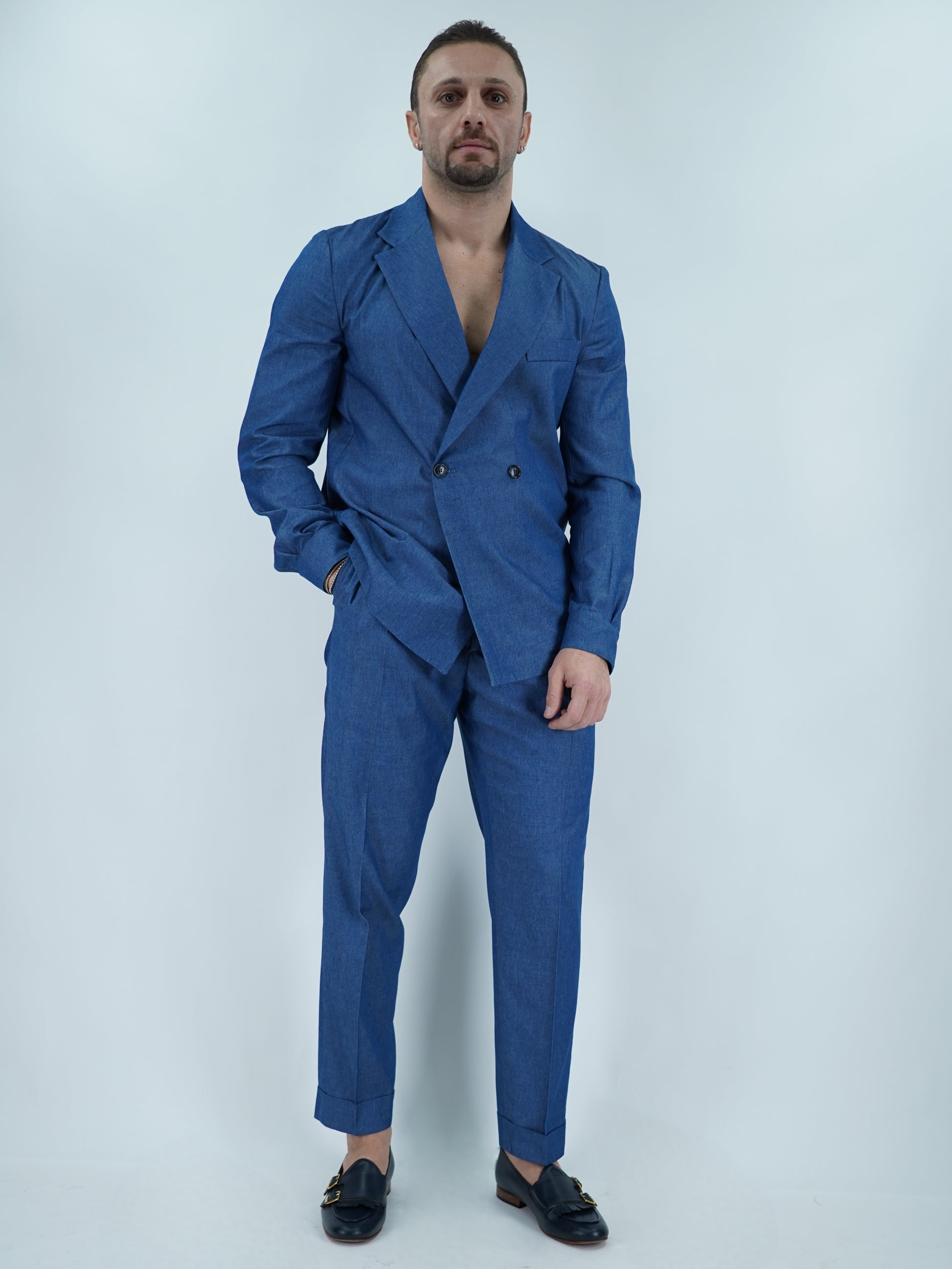 Giacca camicia doppiopetto petto napoli effetto jeans lavaggio scuro