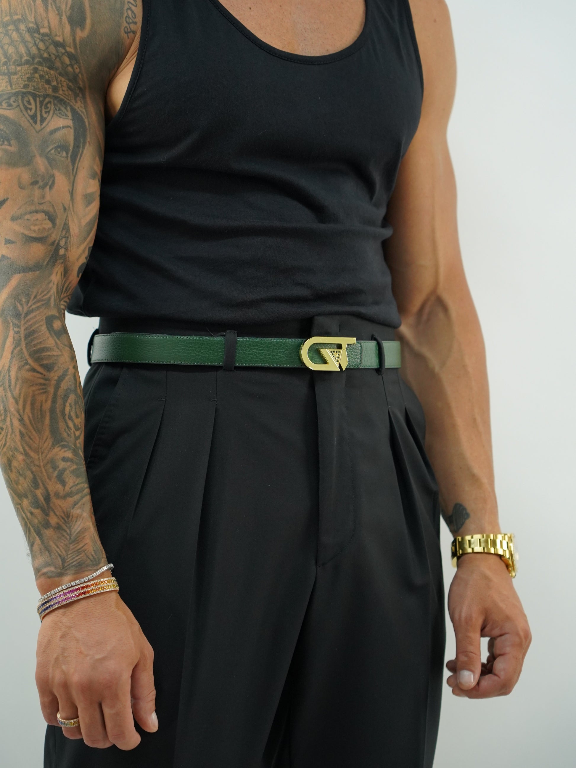 Cintura GT reversibile 2,5cm in pelle di vitello primo fiore verde/nera con fibbia oro lucido
