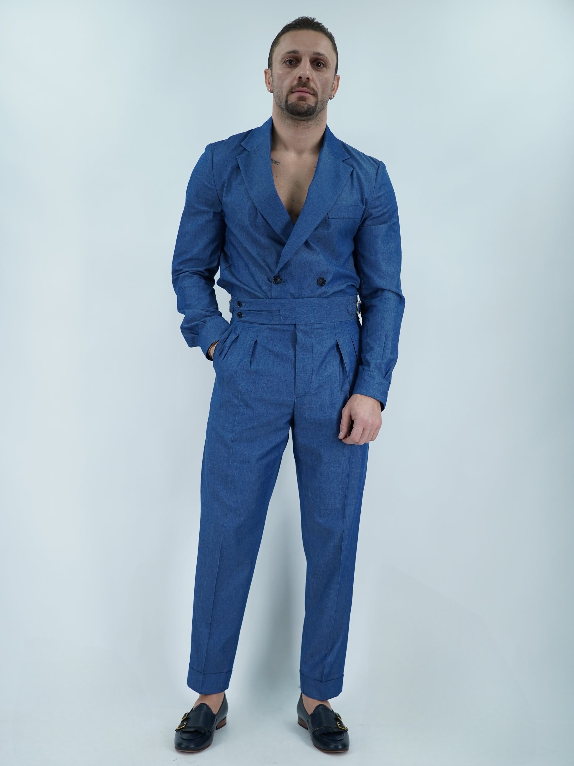 Giacca camicia doppiopetto petto napoli effetto jeans lavaggio scuro