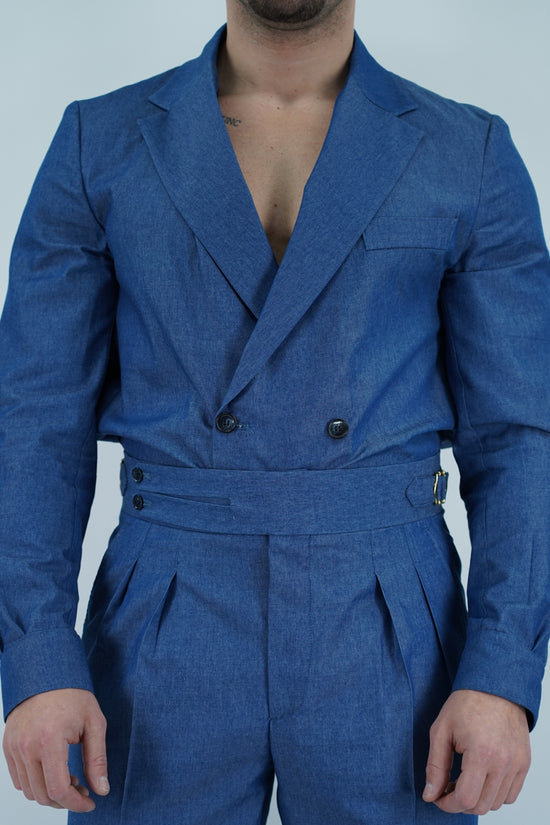 Giacca camicia doppiopetto petto napoli effetto jeans lavaggio scuro