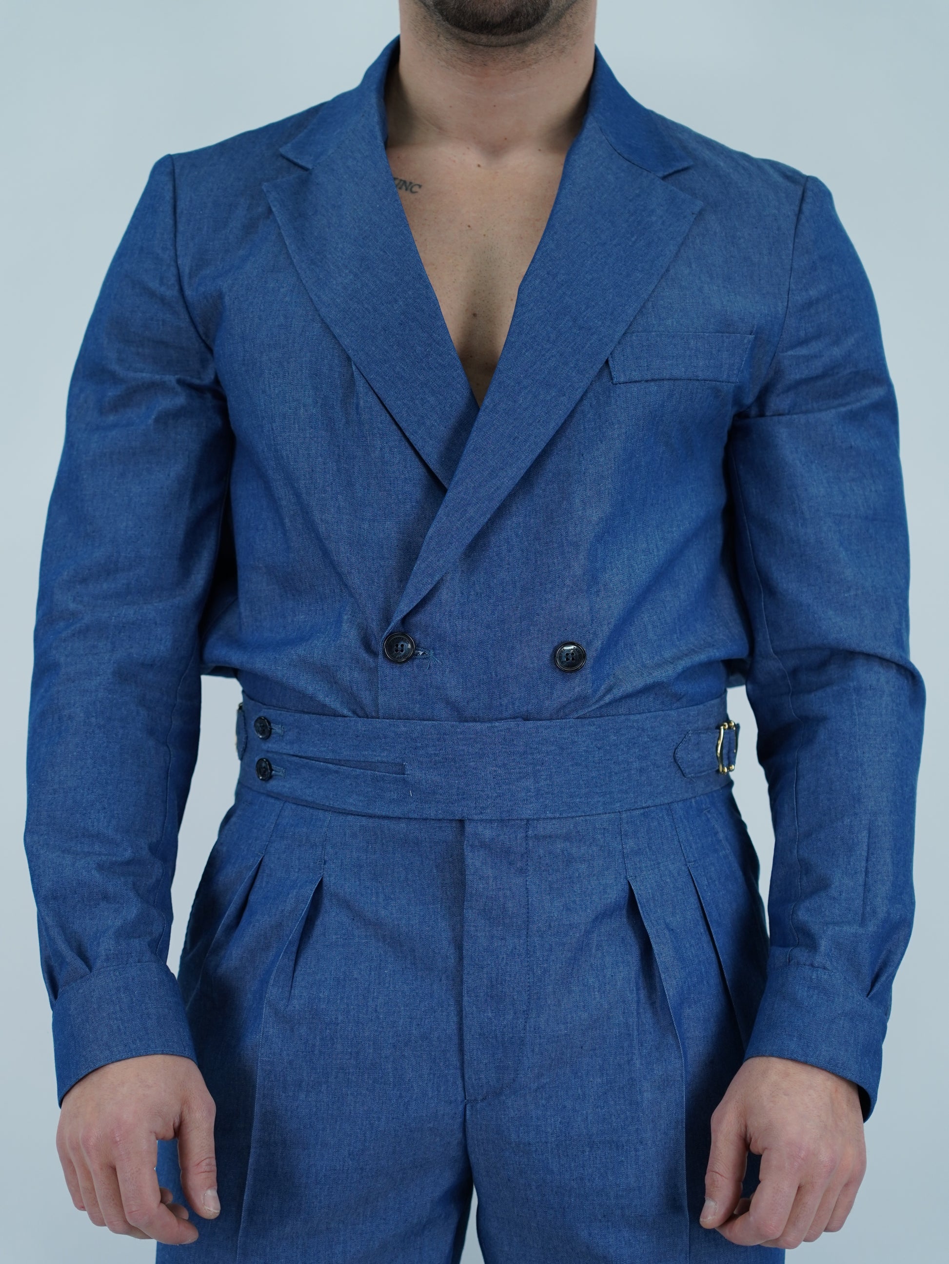 Giacca camicia doppiopetto petto napoli effetto jeans lavaggio scuro