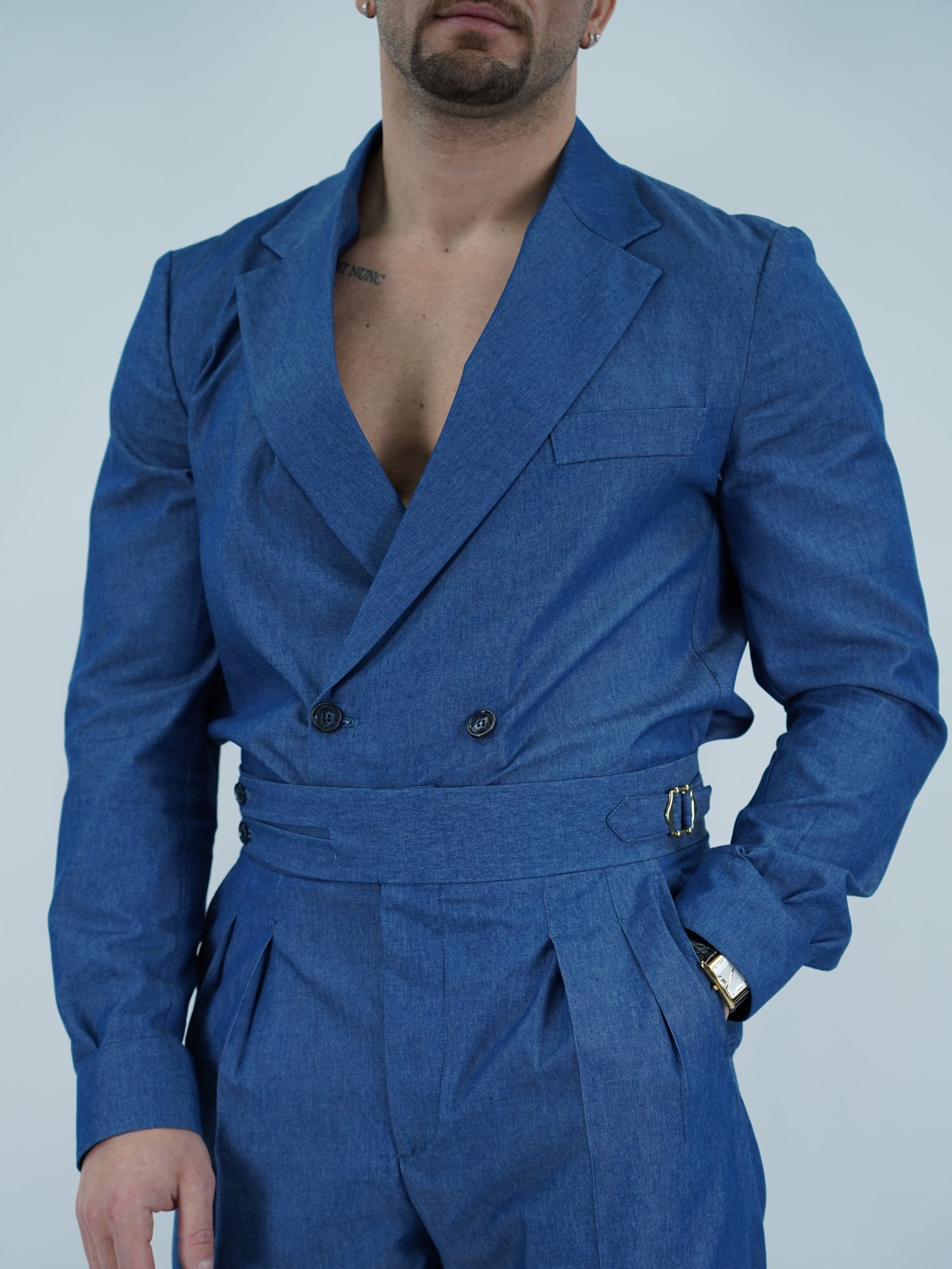 Giacca camicia doppiopetto petto napoli effetto jeans lavaggio scuro