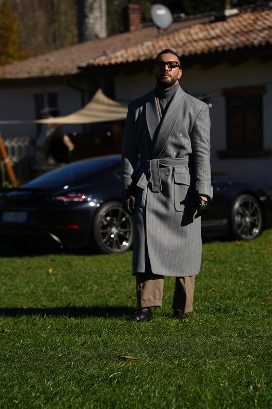Cappotto Royal collo a scialle grigio gessato