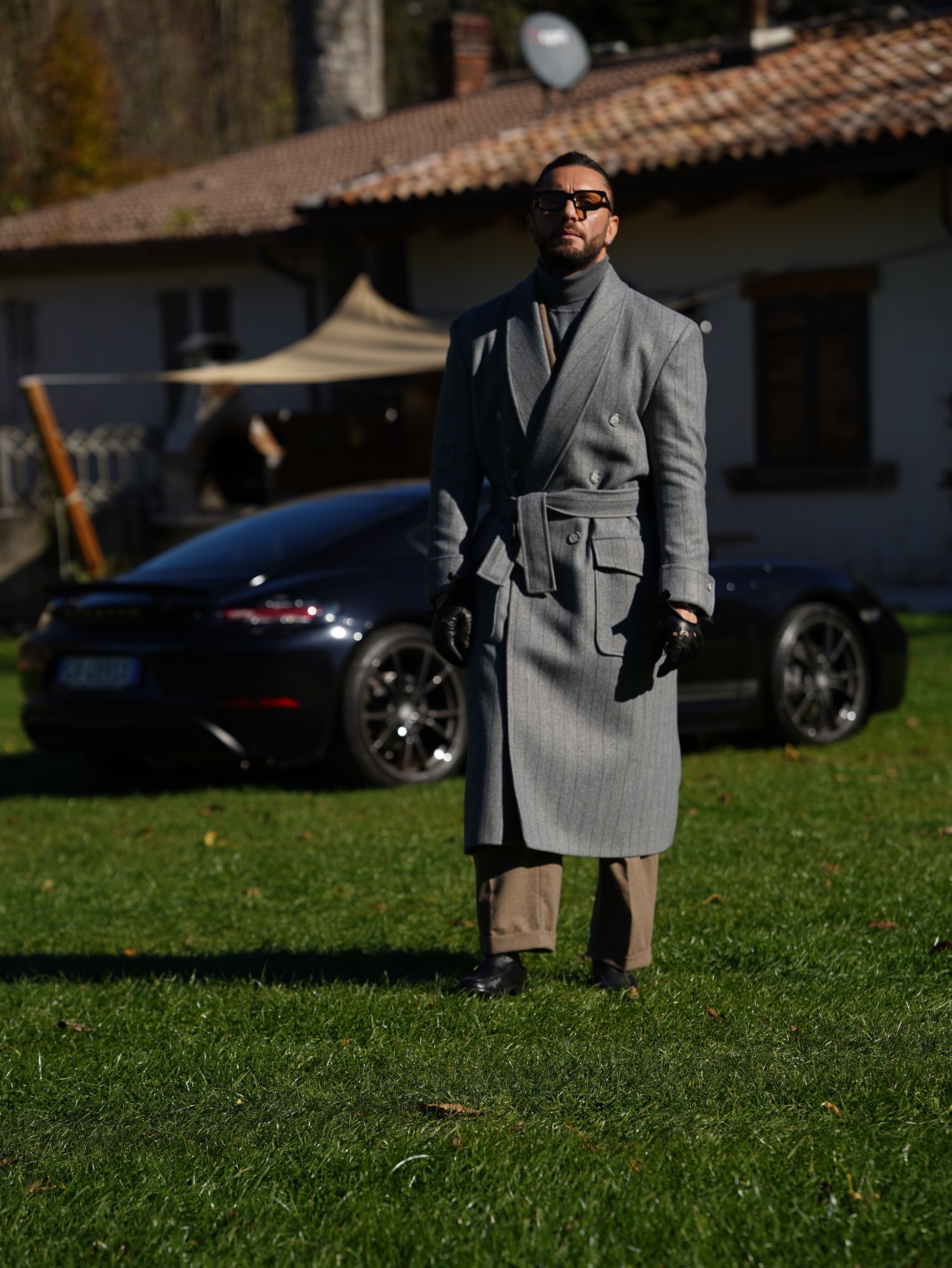 Cappotto Royal collo a scialle grigio gessato