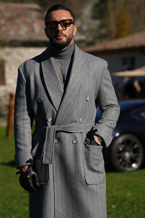 Cappotto Royal collo a scialle grigio gessato