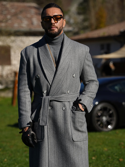Cappotto Royal collo a scialle grigio gessato