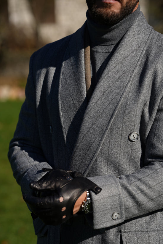 Cappotto Royal collo a scialle grigio gessato