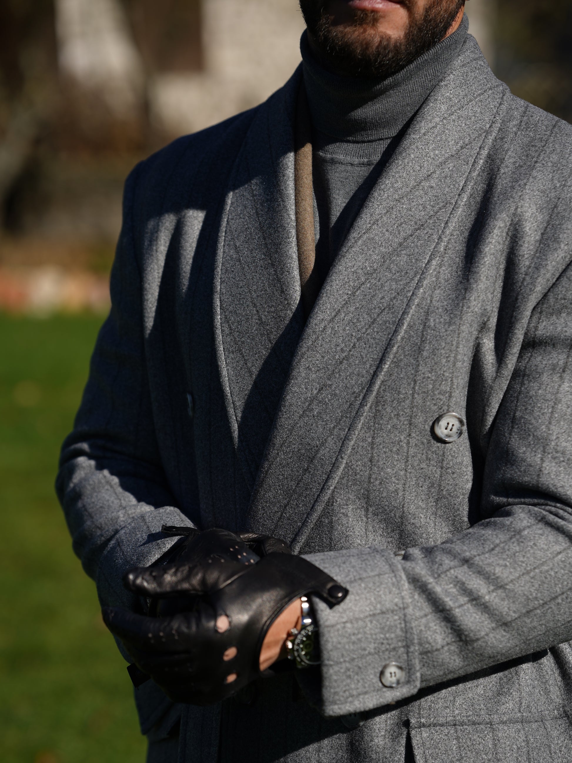 Cappotto Royal collo a scialle grigio gessato