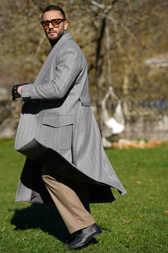 Cappotto Royal collo a scialle grigio gessato