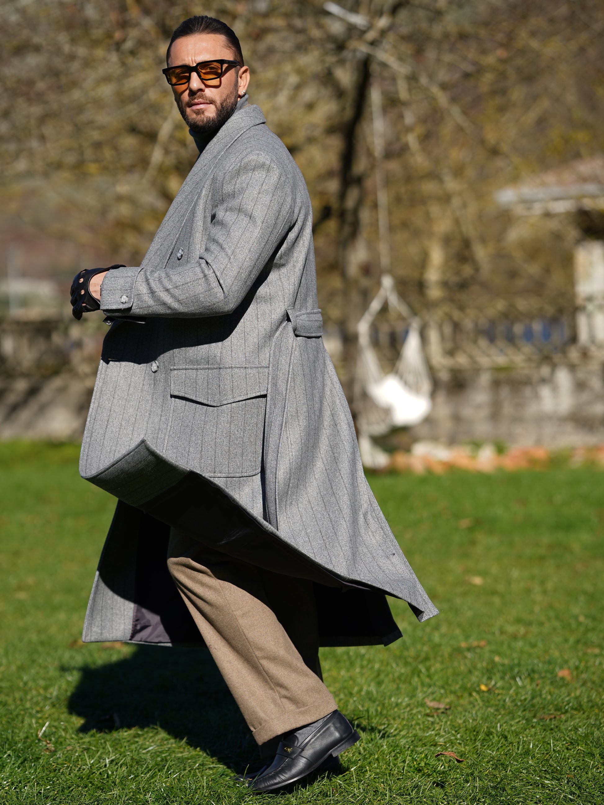 Cappotto Royal collo a scialle grigio gessato