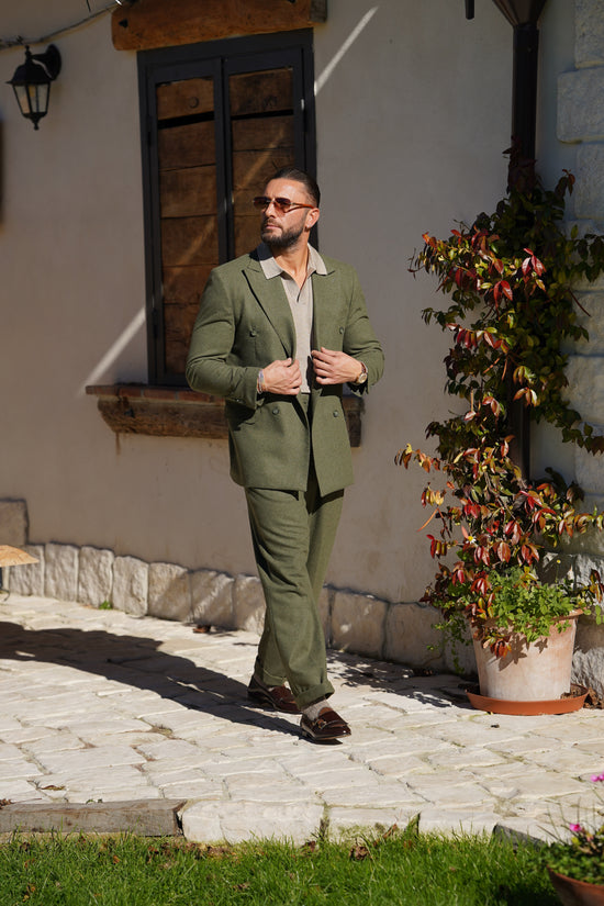 Giacca Harmonious doppiopetto in flanella verde foresta