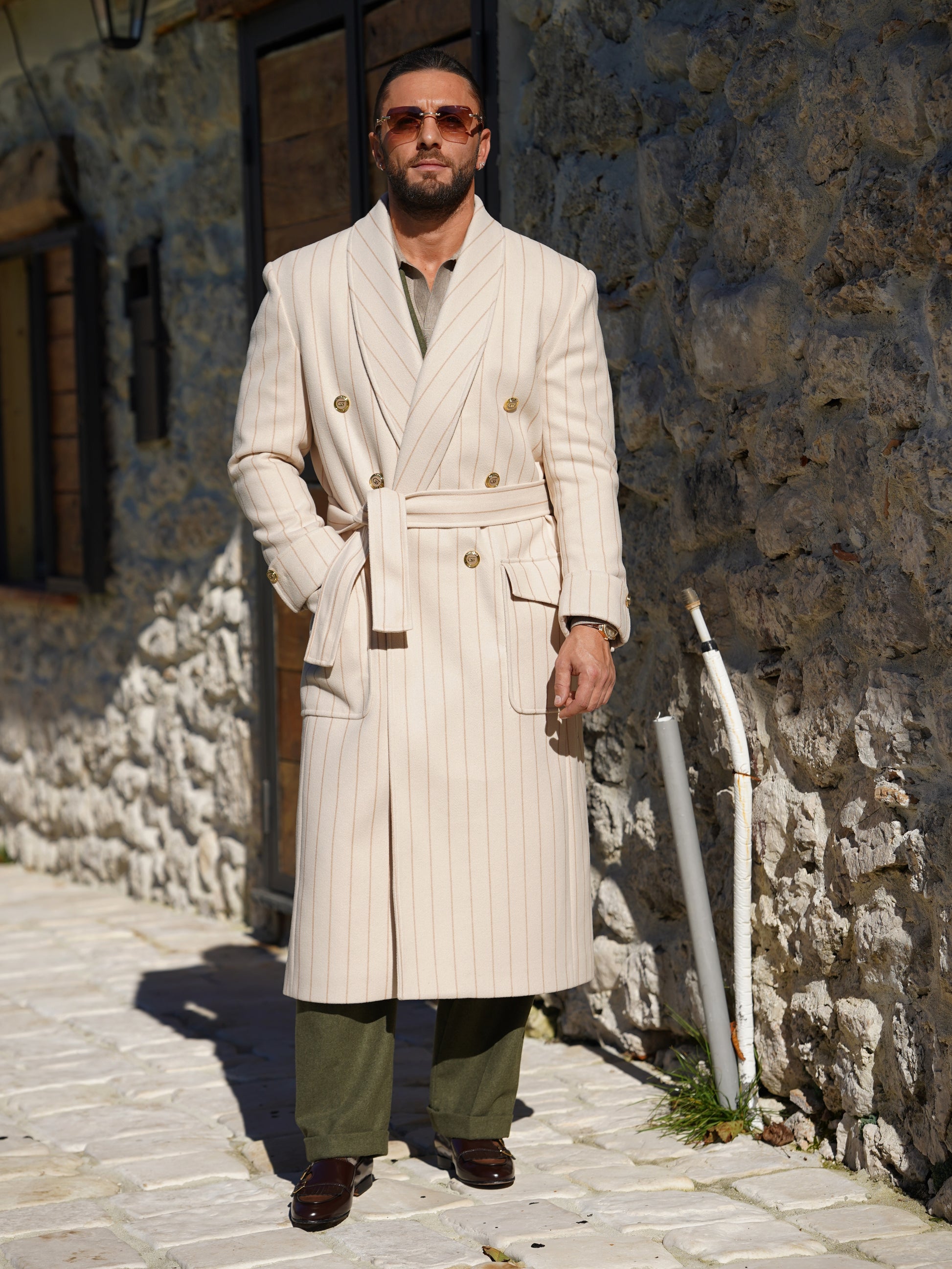 Cappotto Royal collo a scialle panna gessato