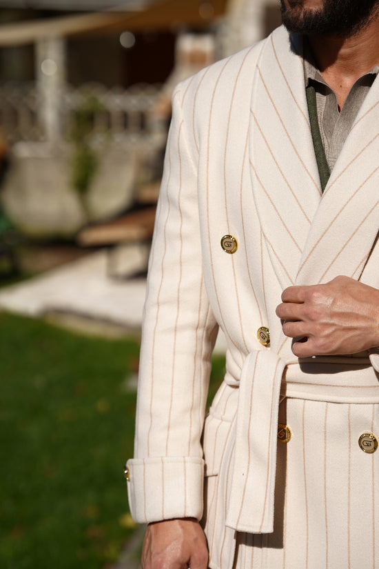 Cappotto Royal collo a scialle panna gessato