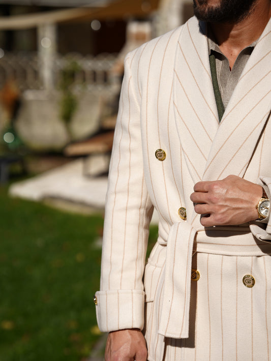 Cappotto Royal collo a scialle panna gessato