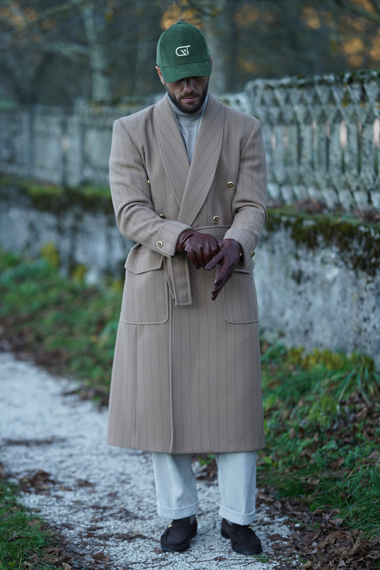 Cappotto Royal collo a scialle beige gessato