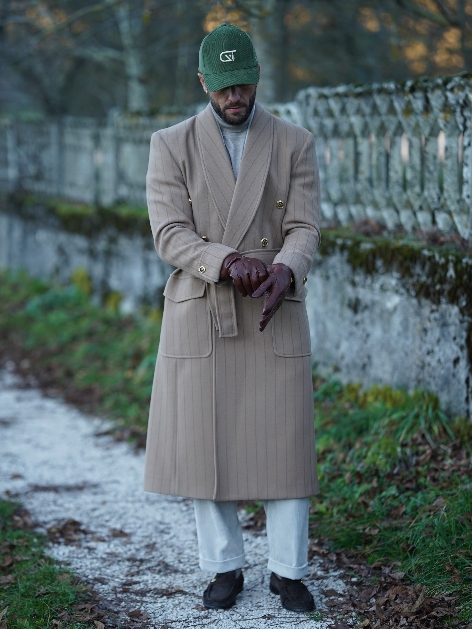 Cappotto Royal collo a scialle beige gessato