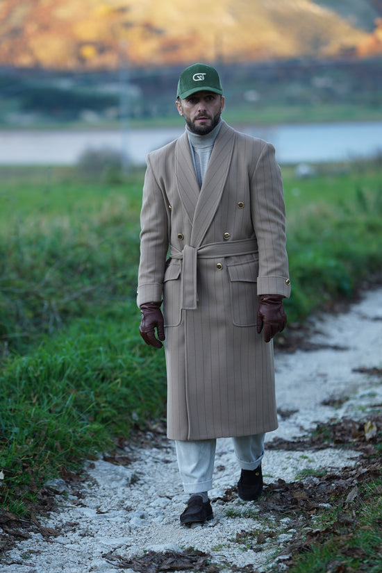 Cappotto Royal collo a scialle beige gessato