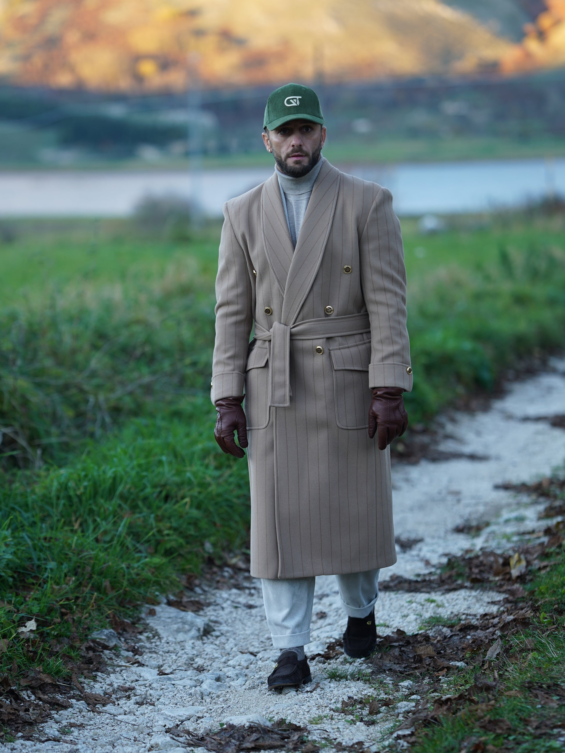 Cappotto Royal collo a scialle beige gessato