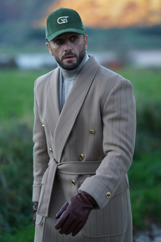 Cappotto Royal collo a scialle beige gessato