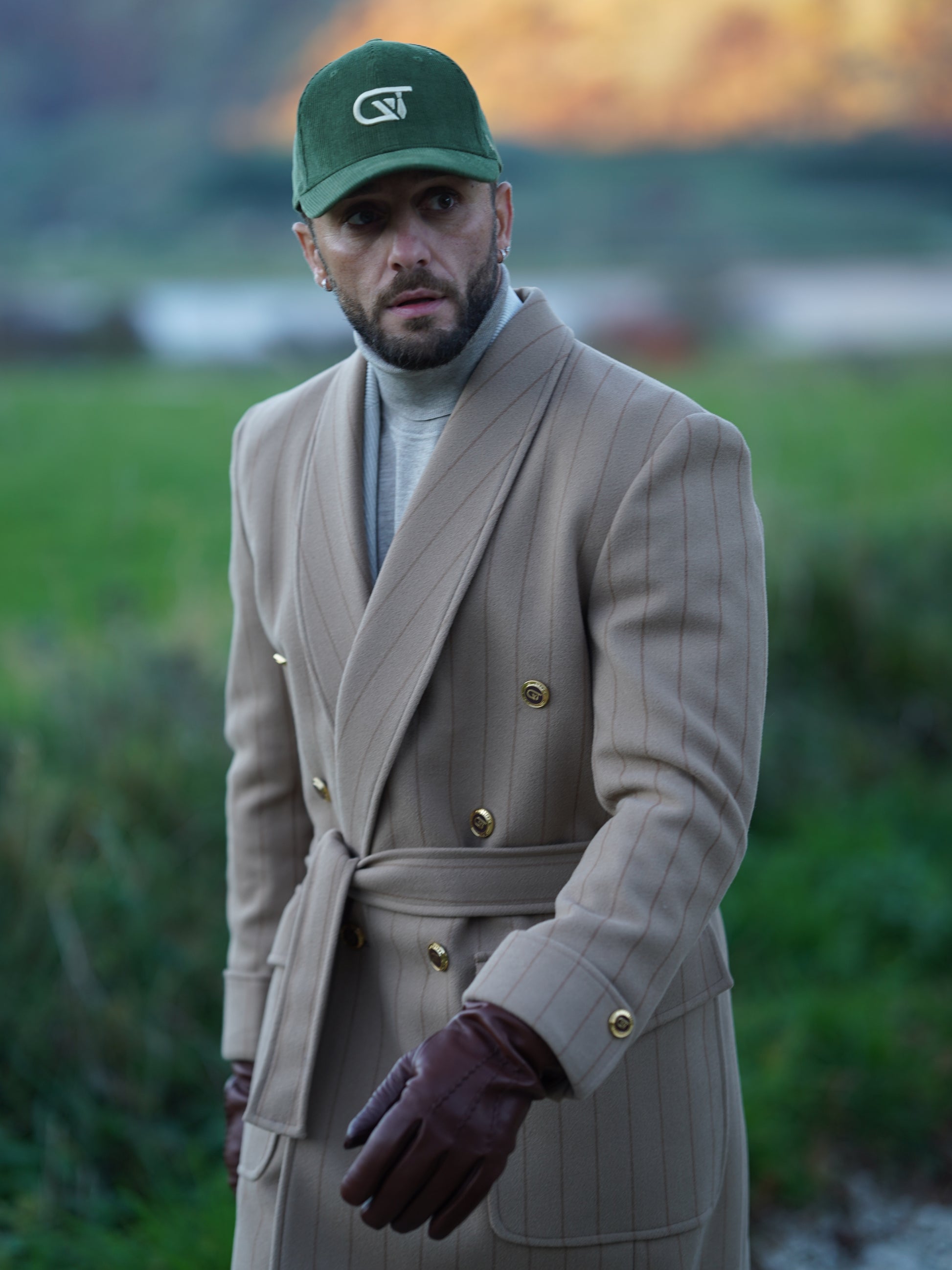 Cappotto Royal collo a scialle beige gessato