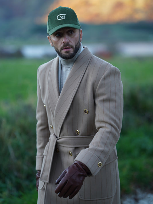 Cappotto Royal collo a scialle beige gessato