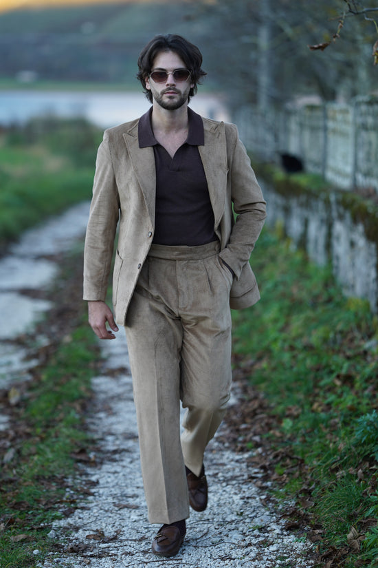 Giacca Harmonious monopetto in velluto a coste fango