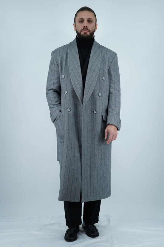 Cappotto Royal collo a scialle grigio gessato