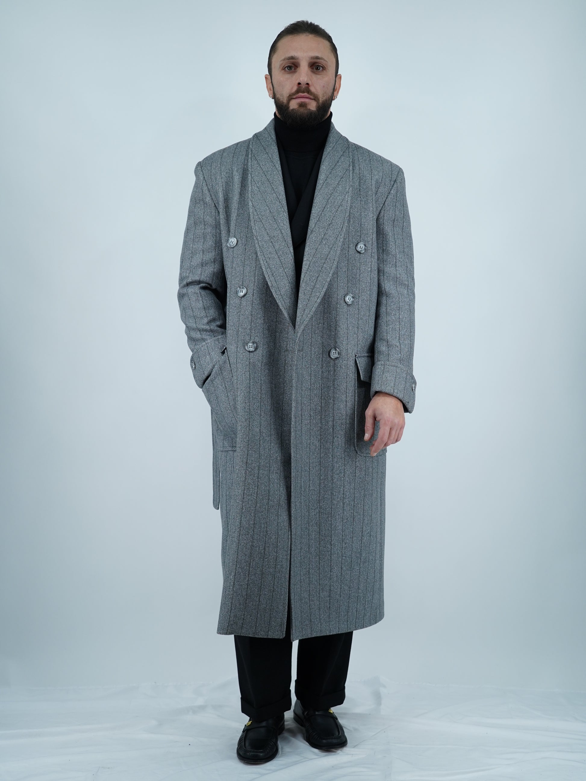 Cappotto Royal collo a scialle grigio gessato