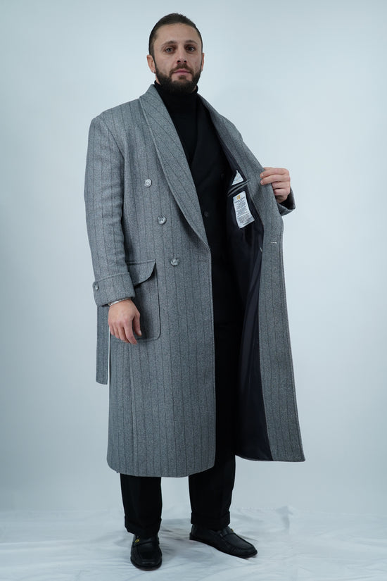 Cappotto Royal collo a scialle grigio gessato